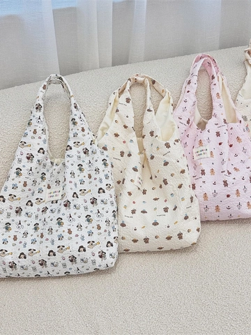 Frauen Tote Bag Gesteppter Bubble Stoff Cartoon Tierdruck Große Kapazität Lässige Shopping Schultertasche Süßer Stil