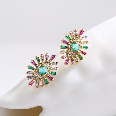 Evil Eye Ohrstecker Kupfer 18K Vergoldet Bunte Zirkonia Mikroeingelegt Sonnenstrahl Luxus Trendiger Schmuck Damen