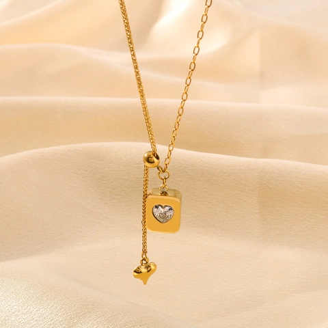 Edelstahl Herz Halskette Mit Quadratischem Anhänger Zirkonia 18K Vergoldet Verstellbare Kette Für Damen