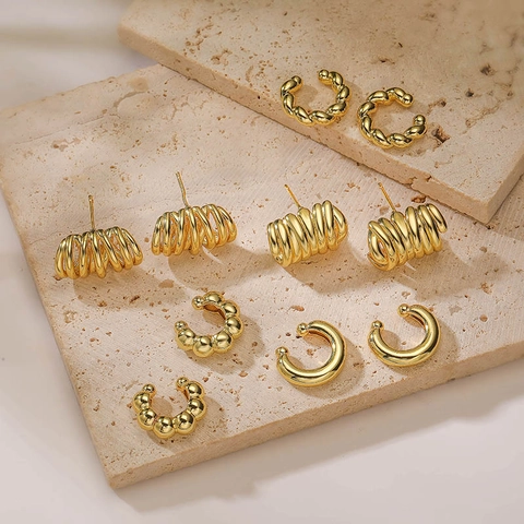 Geometric Ear Cuff And Stud Earrings Gold White Gold Plated Copper Twisted Bubble C Shaped Vintage Jewelry For Women