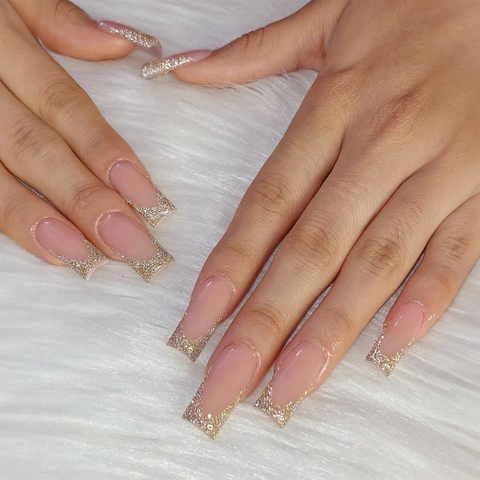 Coffin Shape Press On Nails Gold Glitter French Nude Pink Glossy Long Artificial False Nails For Women Party Decoration