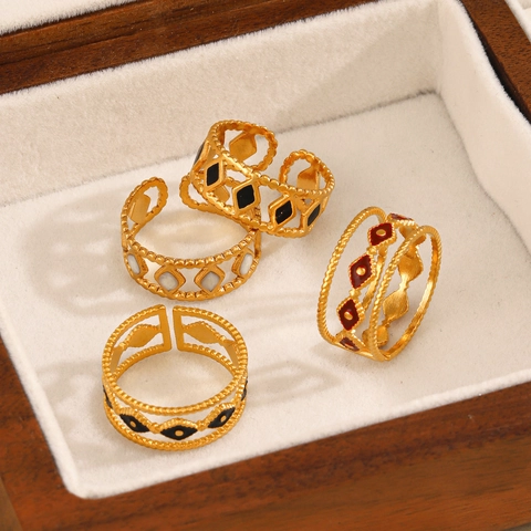 Vintage Rautenring Edelstahl Emaille Offen Verstellbar Hohl Geometrisch Vergoldet Mode Schmuck Für Damen