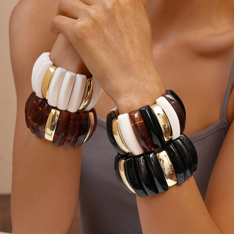 Brazalete Geométrico De Acrílico Grueso Estilo Vintage Pulsera Elástica De Bloque Resina Aleación Oro Joyas Mujeres