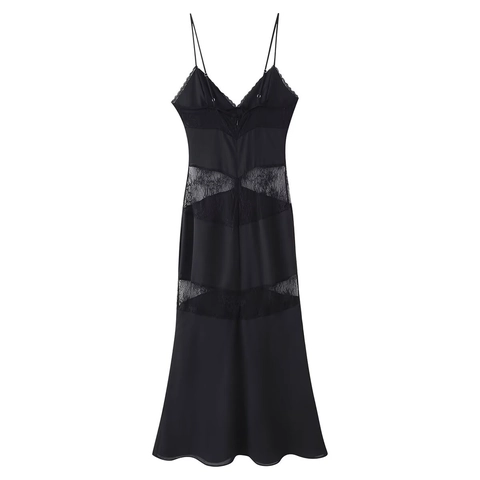 Elegantes Maxi-Kleid Mit V-Ausschnitt Und Spitzenbesatz Satin-Spaghettiträger Rückenfrei Slim Fit Abendparty Langes Kleid