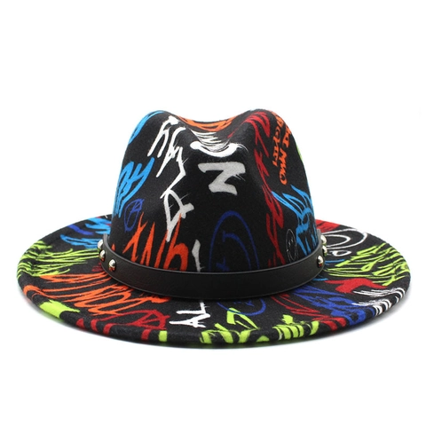 Fedora Hut Mit Graffiti-Druck Wollfilz-Hut Mit Lederband Und Nieten Breite Krempe Unisex Jazz Streetwear Kappe