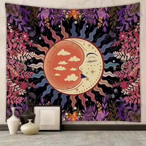 Tapisserie Astrologie Soleil Lune Polyester Décoration Murale Pour Chambre Salon Style Bohème Mystique Tarot