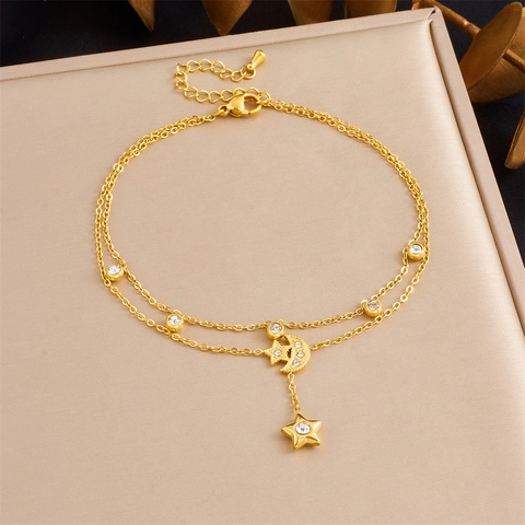 Double Layer Star Moon Anklet Stainless Steel Rhinestone Gold Plated Tassel Foot Chain Minimalist Jewelry For Women