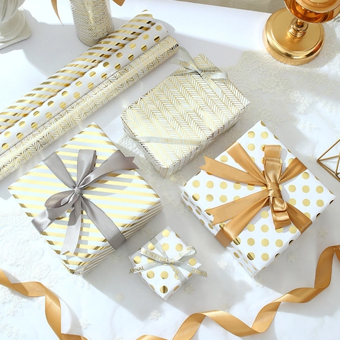 Gift Wrapping Paper Roll Metallic Gold Foil Pattern Dots Stripes Stars For Birthday Valentine Wedding Party Decorative Luxury