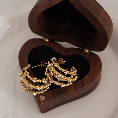 Titanium Steel Hoop Earrings For Women 18K Gold Plated Twisted Rope Design Zircon Inlaid C Shape Korean Style Jewelry