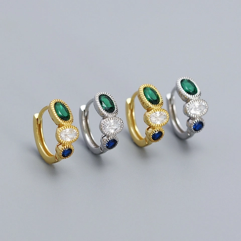 Pendientes Aro Huggie Plata 925 Vintage Con Piedras Preciosas Triples Verde Esmeralda Blanco Azul Estilo Retro