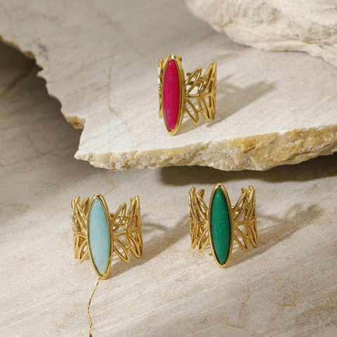 Anello Aperto in Acciaio Inossidabile 304 Retrò Francese per Donna Design a Foglia Cava Regolabile Con Gioielli in Pietra Naturale