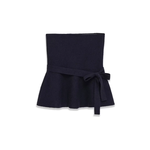 Knit Tube Top Strapless Peplum Hem With Bow Ribbon Navy Blue Slim Fit Sleeveless Solid Color Elegant Top For Women