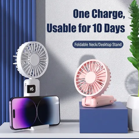 Ventilatore Portatile Mano USB Ricaricabile Plastica ABS Display Digitale Velocità Multiple Pieghevole Mini Collo