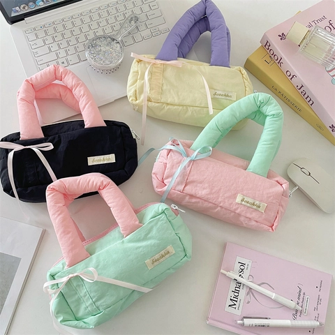 Quilted Puffy Pencil Case Large Capacity Portable Cosmetic Bag Ribbon Bow Contrast Color Trendy Stationery Organizer For Girls