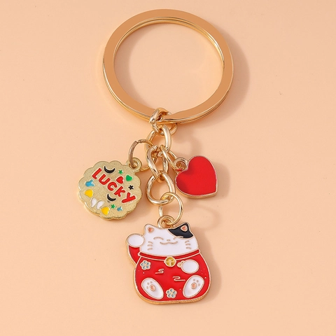 Portachiavi Creativo Gatto della Fortuna in Metallo Lega di Zinco Smalto Cuore Lucky Tag Pendente Borsa Regalo Donna Bambini