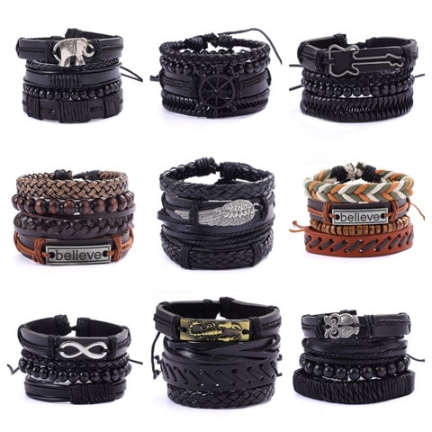 Vintage Multi Layer Braided Leather Bracelets With Wood Beads And Alloy Charms Retro Punk Style For Men Unisex Adjustable
