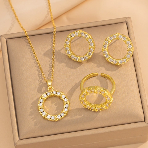 Collana Orecchini Anello Acciaio Inossidabile Rame Placcato Oro Zirconia Pavé Circolare Geometrico Elegante Accessorio Donna