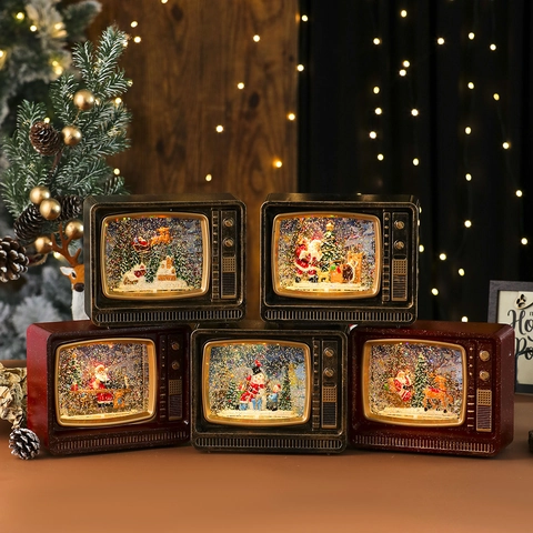 Christmas Retro TV Snow Globe With LED Light Music Water Spinning Glitter Santa Claus Snowman Ornament Holiday Decor