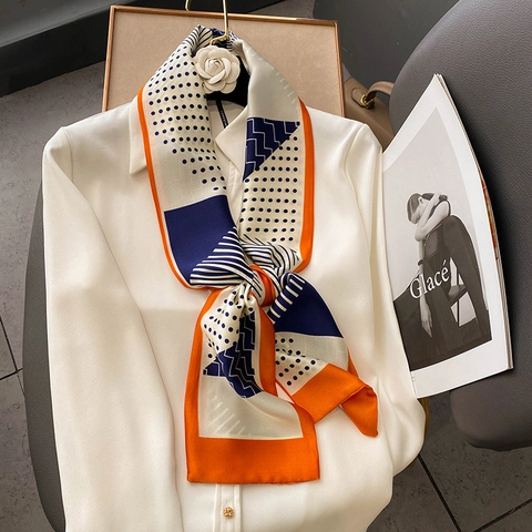 Élégant Foulard Cravate Étroit Long En Imitation Satin À Motifs Géométriques À Pois Et Rayures Pour Femmes Accessoire Business