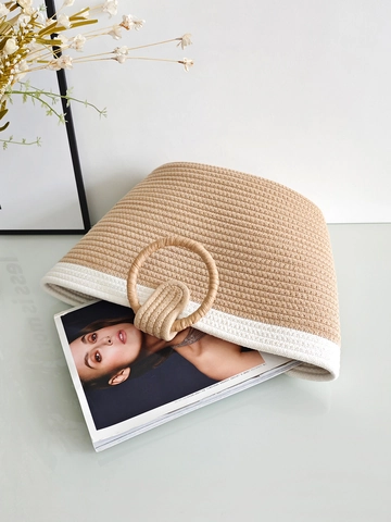 Borsa Tote In Corda Di Cotone Intrecciata Manico Tondo Blocchi Di Colore Borsa A Mano Vacanza Spiaggia Minimalista Casual