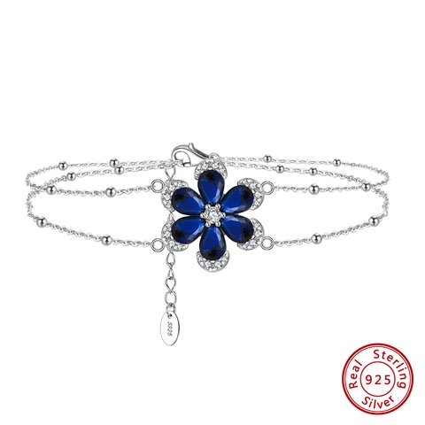 925 Sterling Silver Blue Flower Bracelet For Women Elegant Double Layer Bead Chain With Sparkling Zirconia Jewelry Gift