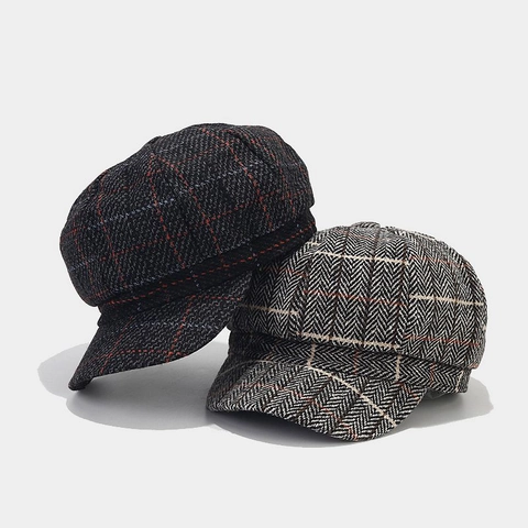 Vintage Karierte Schirmmütze Für Damen Britischer Stil Tweed Achtkantmütze Retro Fischgrätenmuster Baker Boy Mütze Verstellbar