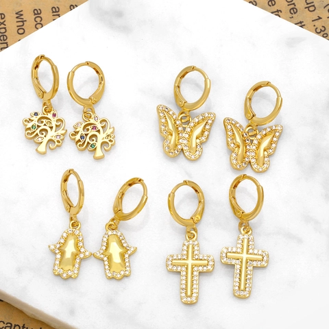 Butterfly Cross Tree Of Life Hamsa Hand Dangle Earrings Gold Plated Copper With Zircon For Women Fashion Jewelry