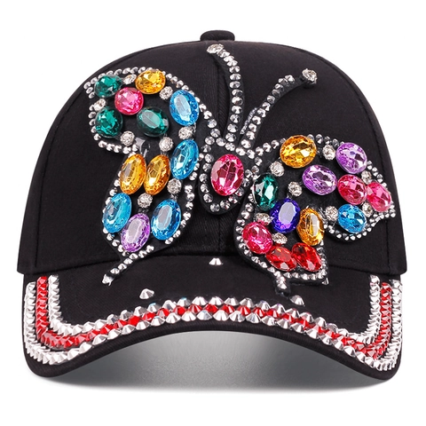 Fashion Cotton Baseball Cap With Colorful Rhinestone Butterfly Decoration Adjustable Casual Sun Protection For Women