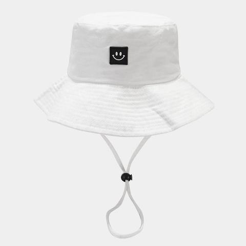 Cotton Bucket Hat With Adjustable Wind Rope Wide Brim Sun Protection Smiley Face Patch Casual Outdoor Unisex Sun Hat