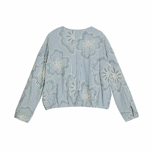 Damen Langarm Gestreifte Jacke Blumenstickerei Wollähnlich Reißverschluss Lässige Oberbekleidung Mode Mantel