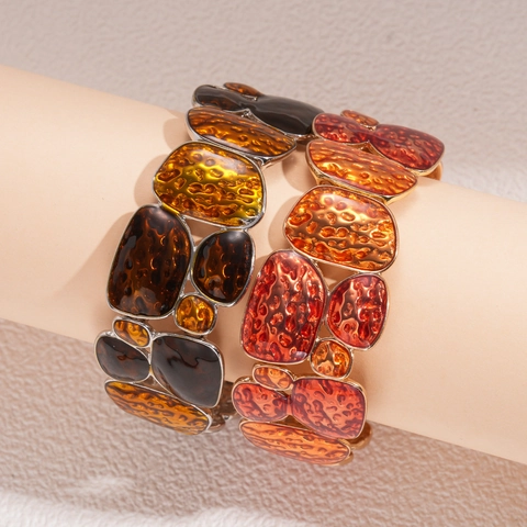 Bracciale Elastico Geometrico Irregolare Lega Resina Martellato Retro Vintage Maillard Largo Braccialetto Gioielli