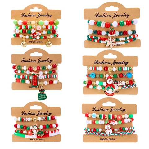 Bracelet De Noël Multicouche Acrylique Argile Polymère Alliage Père Noël Flocon De Neige Élan Cadeau Élastique