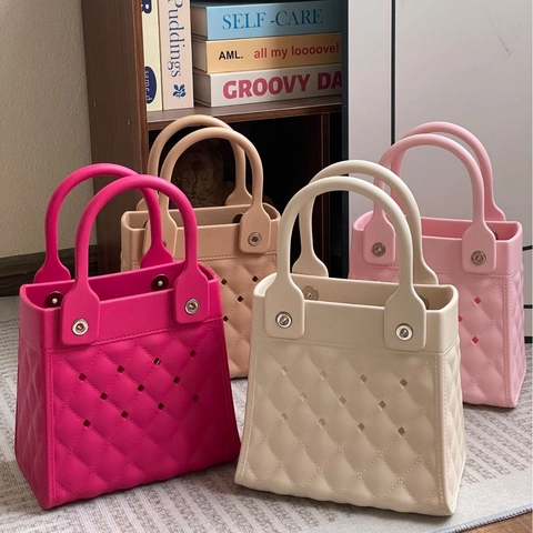 Women EVA Waterproof Handbag Rhombic Hollow Out Jelly Tote Candy Color Beach Travel Daily Fashion Bag