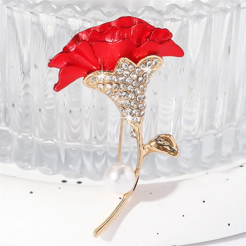 Spilla A Fiore Di Garofano Rosso Da Donna Lega Smalto Strass Perla Artificial Spilla Da Corsage Elegante Accessorio Di Moda