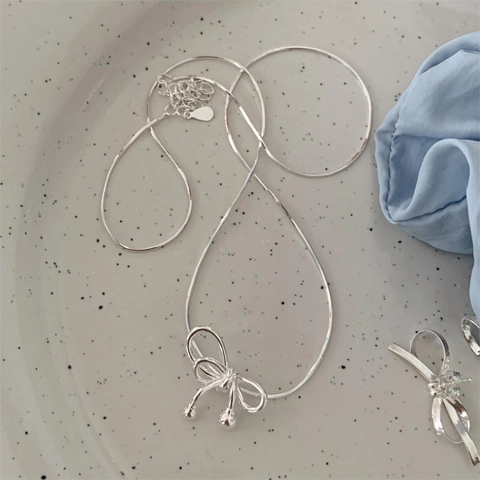 925 Sterling Silber Schleife Anhänger Halskette Für Frauen Süßer Einfacher Stil Schlangenkette Schmuck Geschenk