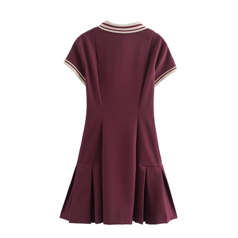 Women Short Sleeve Polo Collar Pleated Mini Dress Preppy Style Burgundy Polyester Solid Color Casual Wear
