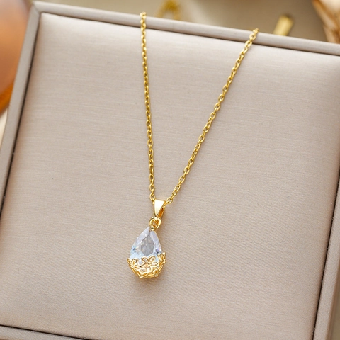 Collana Con Pendente A Goccia D'acqua Acciaio Inossidabile Filigrana Cava Lusso Cristallo Gemma Gioielli Moda Donna