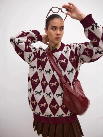 Women Vintage Argyle Horse Pattern Knit Sweater Crew Neck Long Sleeve Loose Casual Jacquard Pullover Soft Knitwear
