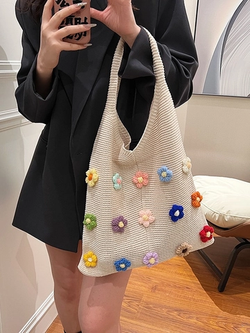 Einfache Florale Strick Umhängetasche Handgefertigte 3D Häkelblumen Tote Tasche Leichte Tägliche Accessoire Für Damen
