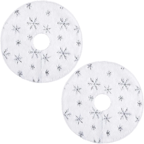 Plush Christmas Tree Skirt Mini Double Layer Faux Fur Small Holiday Decoration With Snowflake Star Pattern White