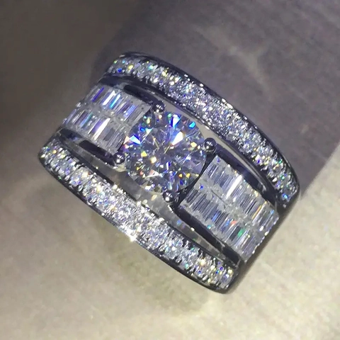Luxe Stapelbare Koperen Ring Dames Cubic Zirconia Bruiloft Verloving Ronde Hoofdsteen Baguette Slijpvorm Witgoud Verguld Mode Sieraden