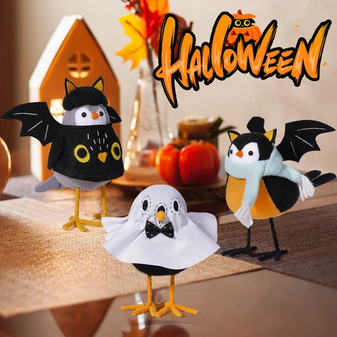 Décorations D'oiseaux D'Halloween Figurines D'oiseaux En Feutre Et Polyester Avec Cape Fantôme Ailes De Chauve Souris Écharpe Pour Fête Décoration Bureau Fenêtre