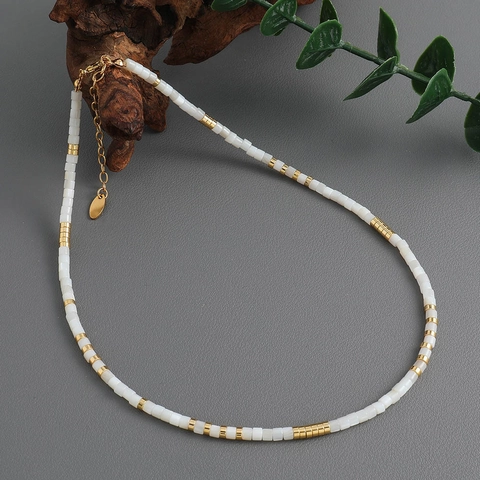 Collar Minimalista De Cuentas De Concha Blanca Cuadradas Latón Bañado En Oro Gargantilla Elegante Hecha A Mano Mujeres