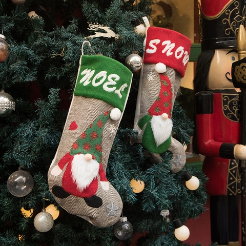 Calze Di Natale Ornamenti Da Appendere Maglia Gnomo Tomte Noel Snow Ricamo Feltro Grigio Spina Di Pesce