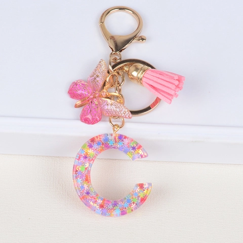 Initial Letter Keychain Resin Glitter Star Sequins Butterfly Pendant Faux Leather Tassel Sweet Bag Charm For Women Girls