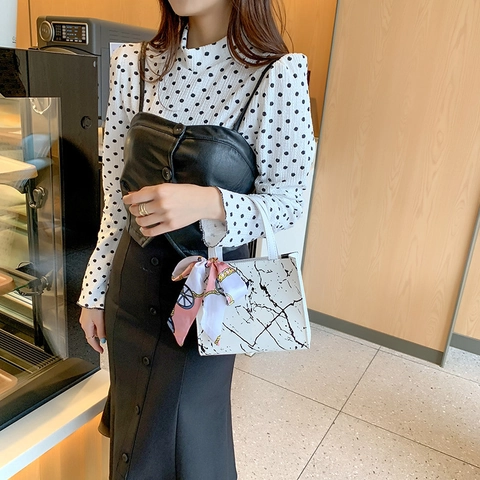 Elegant Marble Pattern PU Leather Handbag With Satin Scarf Decorated Handle And Metal Chain Strap Fashion Women Tote Bag