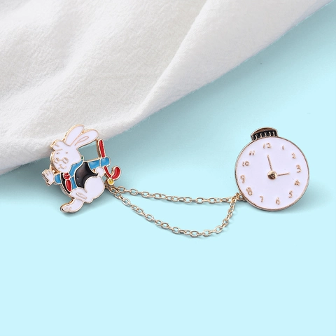Broche De Cadena Reloj De Bolsillo Conejo Dibujos Animados Esmalte Aleación Pines De Solapa Tema Cuento De Hadas Joyería Para Mujeres Hombres