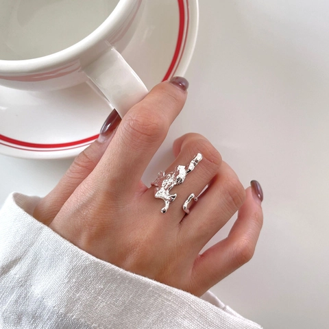 925 Sterling Silver Ring Minimalist Irregular Molten Liquid Metal Style Adjustable Open Finger Jewelry For Women