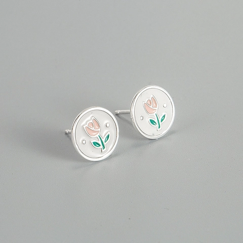S925 Sterlingsilber Tulpe Blume Ohrstecker Vintage Französischer Stil Emaille Tropföl Rund Schmuck Damen Elegante Blumen Ohrringe