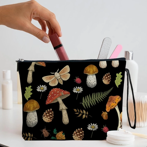 Borsa Trucco Fiori Funghi Lino Cerniera Pochette Da Toilette Con Cinturino Da Polso Organizzatore Foresta Vintage Per Donne